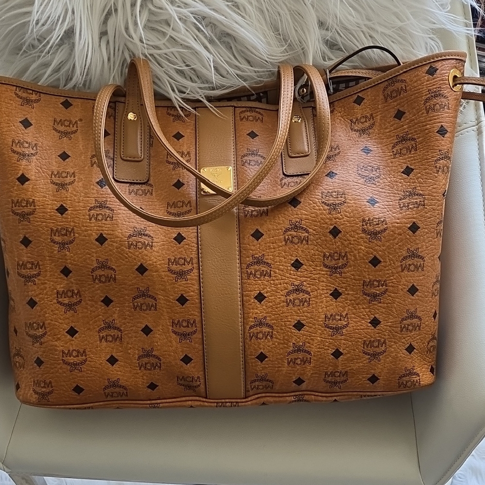 MCM Brown Monogram Tote with Gold Hardware